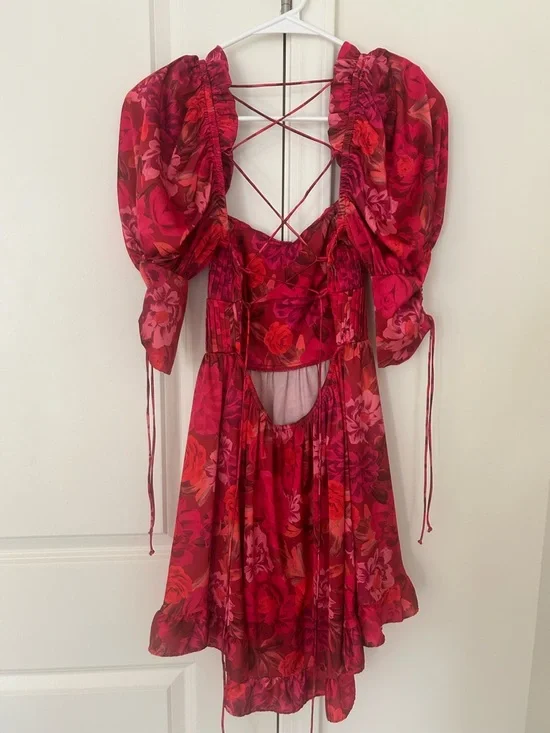 For Love & Lemons Red-Pink Floral Puff-Sleeve Mini Dress - Picture 6 of 7